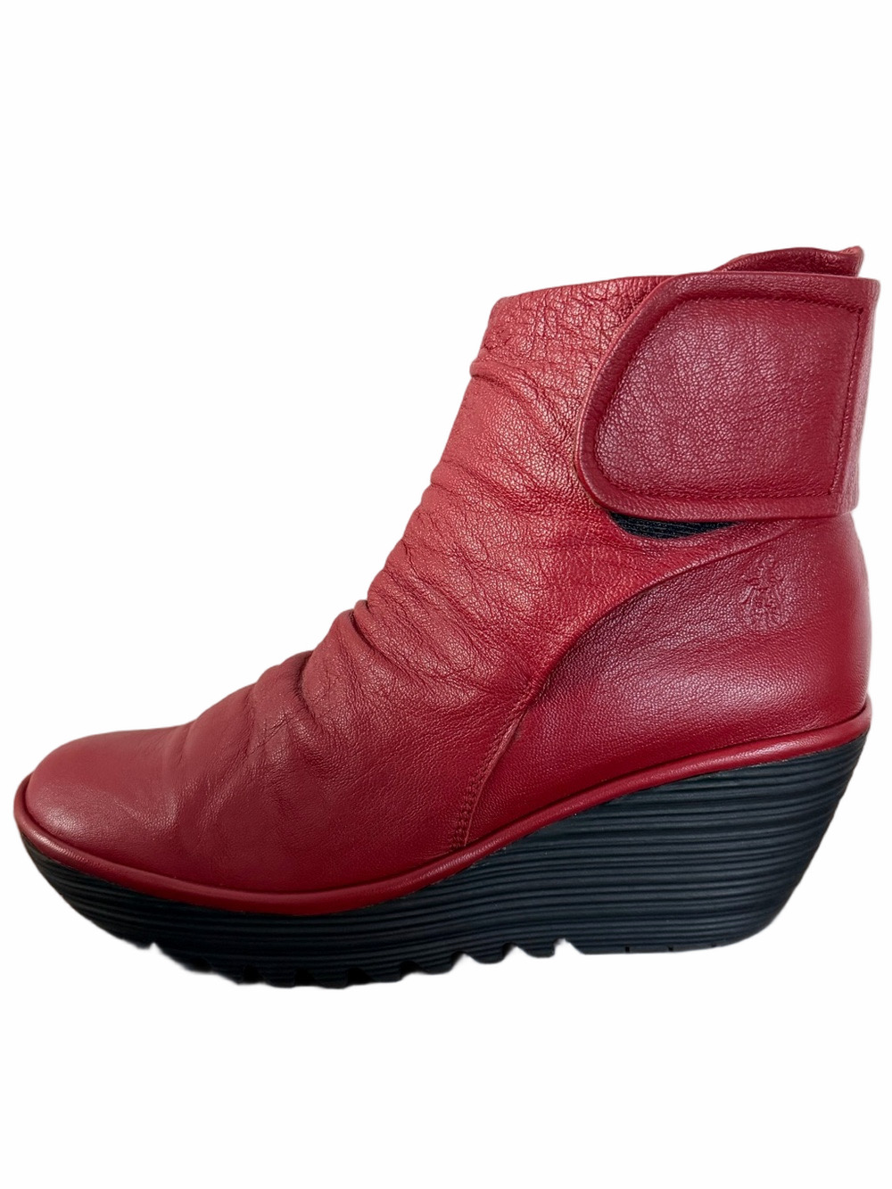 Fly London Yegi Red Ruched Leather Wedge Ankle Boots EU 40 US 9 Comfort Chic